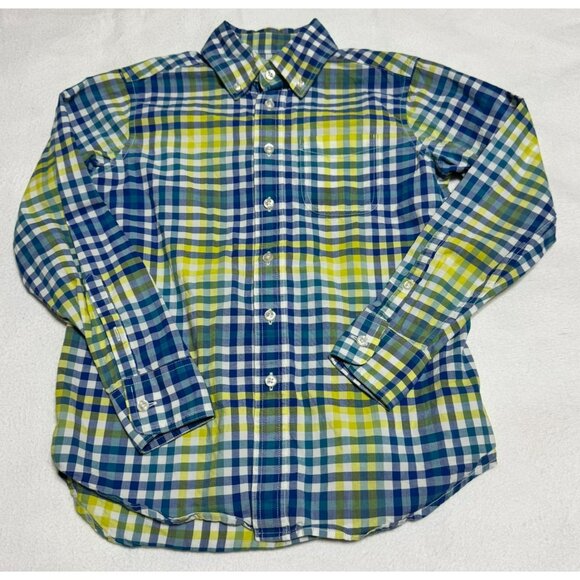 Lands End Kids Small 8 Plaid Long Sleeve Button-Up Shirt S Cotton Blue Yellow - Picture 2 of 7